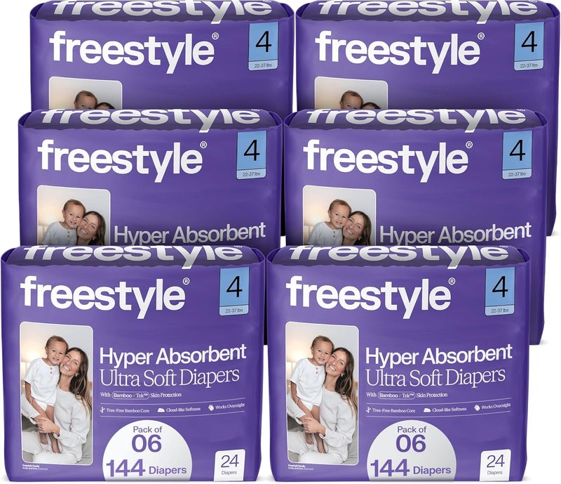 Freestyle BambooTek Diapers – (Size 4) Hyper Absorbent & Non-Toxic – Disposable Diapers for Sensitive Skin – Ultra Soft Diapers (22-37 lbs) – 144 Count - Image 1